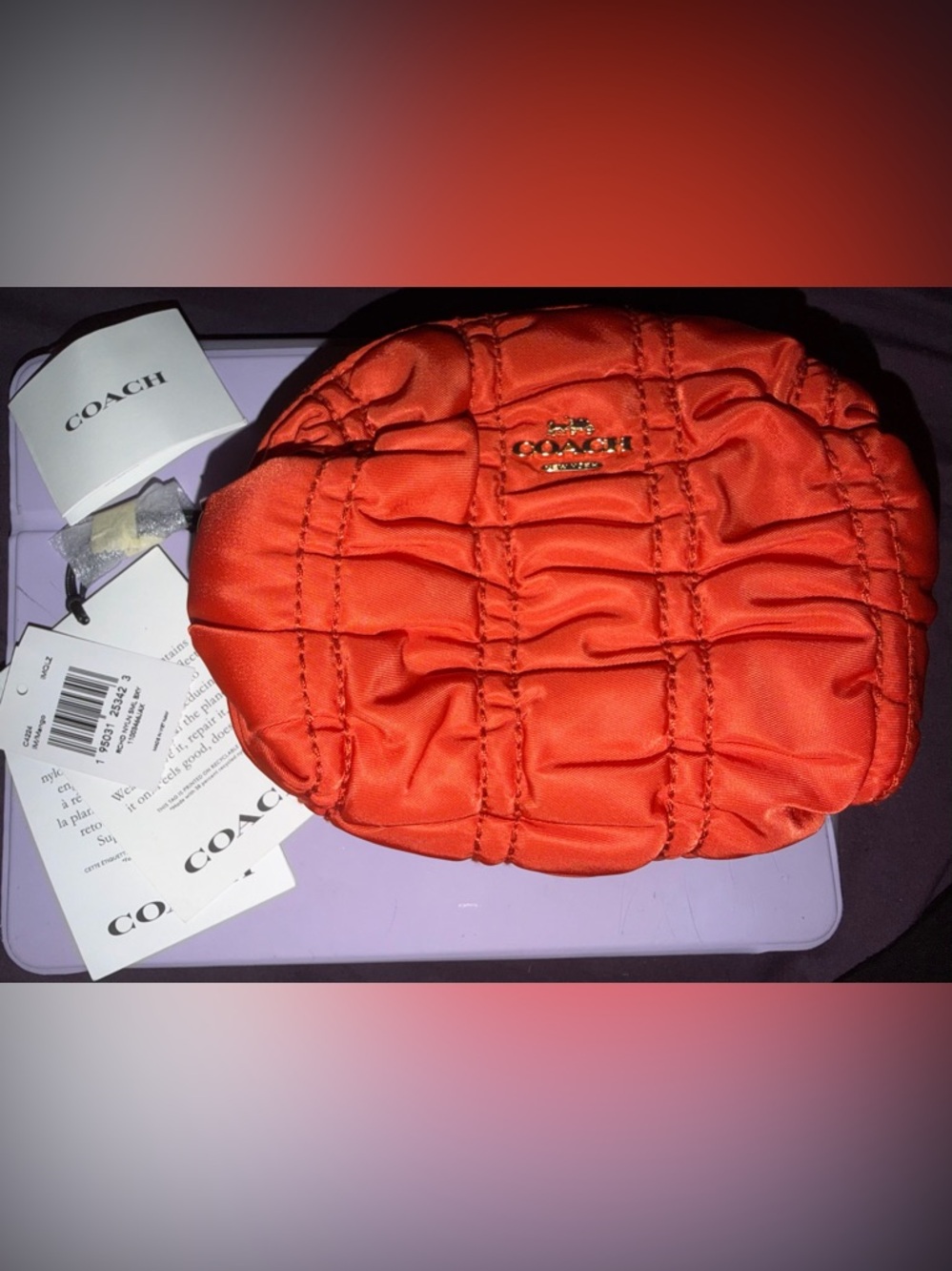 Coach Orange Quilted Satin Cosmetic Pouch with Gold Logo NWT